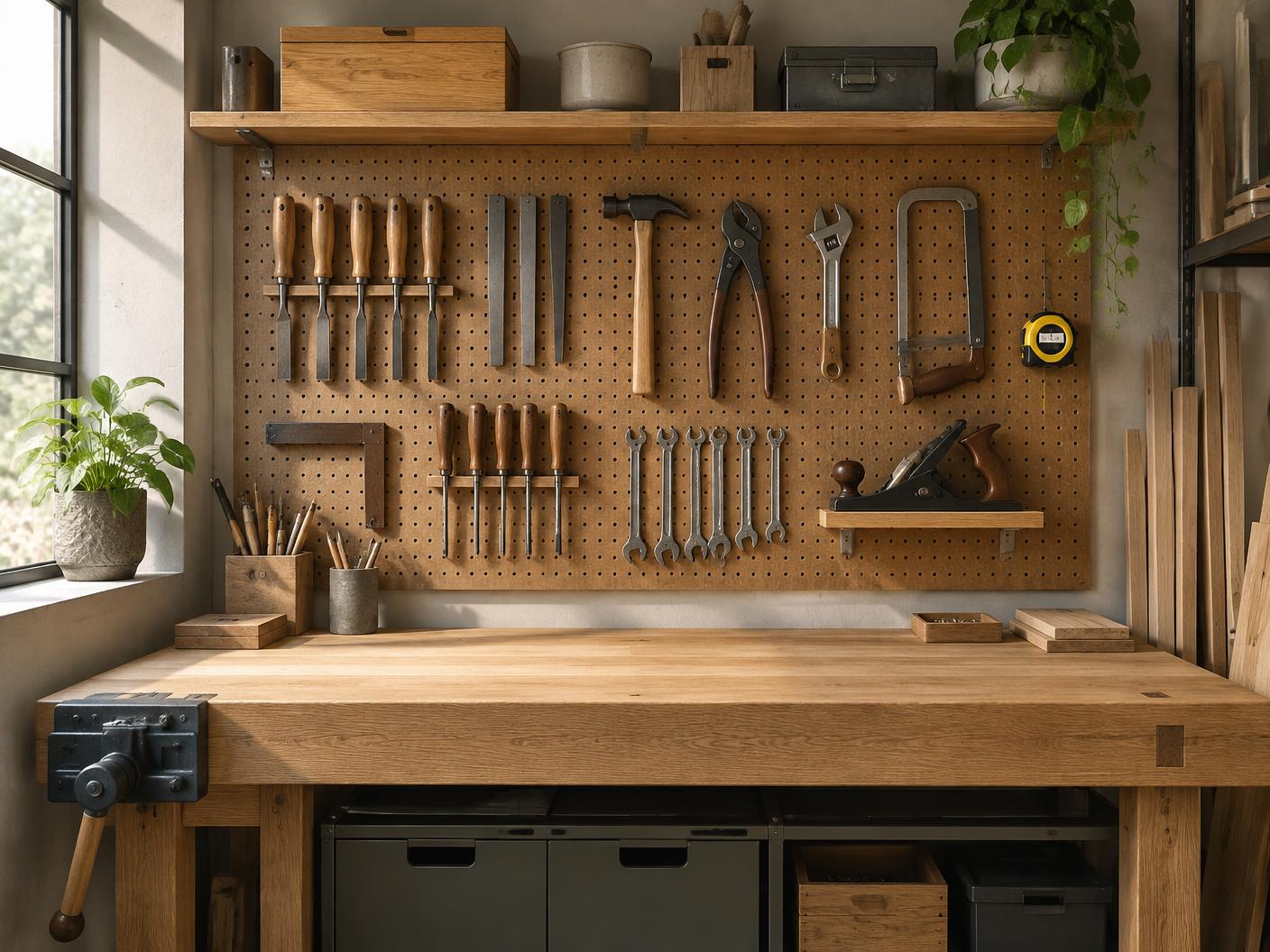 A neatly organised workshop wall with hand tools arranged on a pegboard above an oak bench.